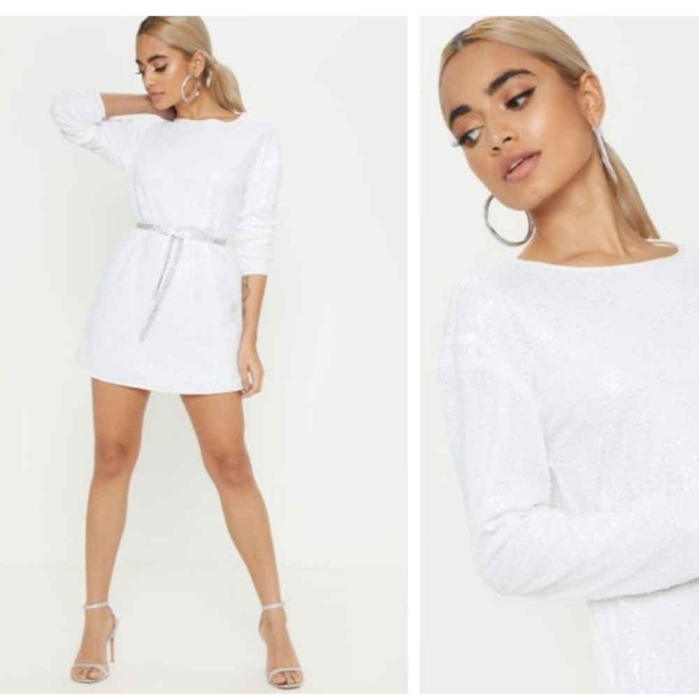 $40 OBO White Sequin Long Sleeve Dress